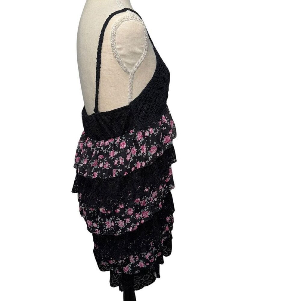 Interi Black spaghetti strap Sleeveless Lace Floral Mini layered fringe Dress L - Picture 8 of 11